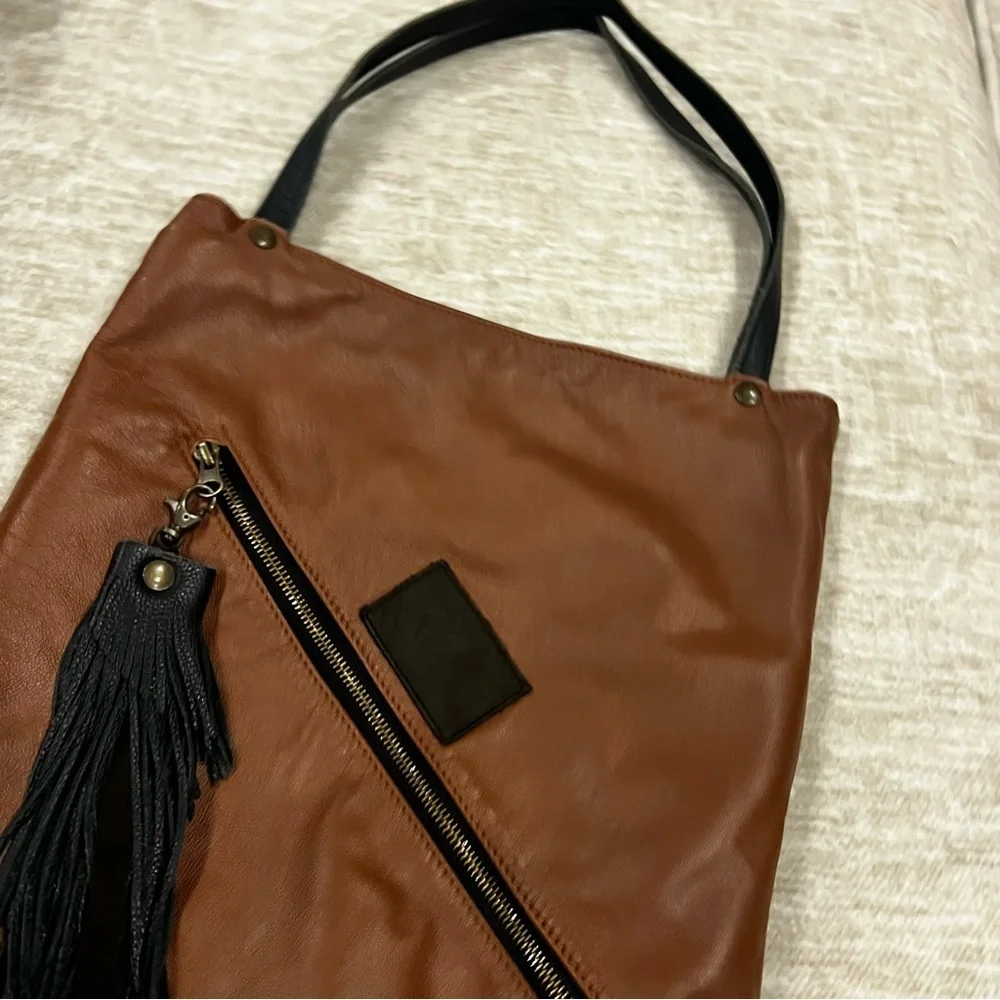 Handmade Brown‎ Leather Tote Bag with Black Tassel